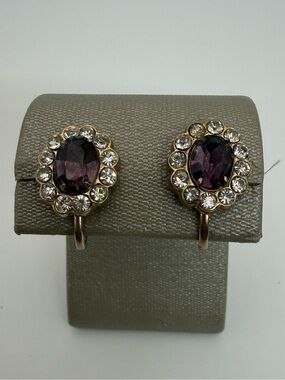 Vintage Signed Coro Amethyst Rhinestone Halo Clip-On Earrings